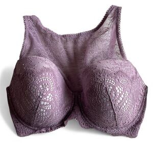Victorias Secret 36DDD Lined Demi Bra Purple Floral Lace High Neck